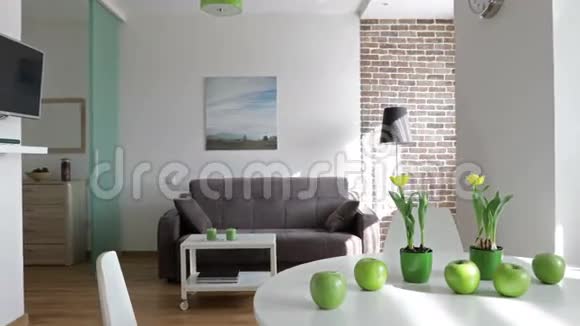 4K斯堪的纳维亚风格的新现代公寓的内部运动全景图视频的预览图