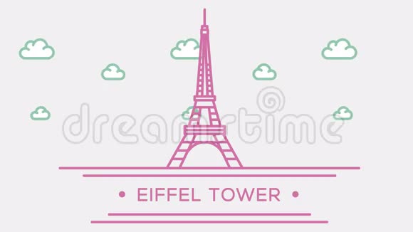 巴黎的埃菲尔铁塔部分的集合动画勾勒地标4K镜头视频的预览图