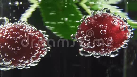 玻璃中的成熟樱桃与苏打水气泡视频视频的预览图