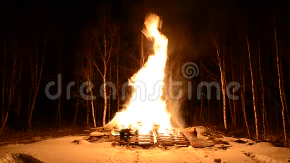 在大雪纷飞的冬夜燃烧的篝火视频的预览图
