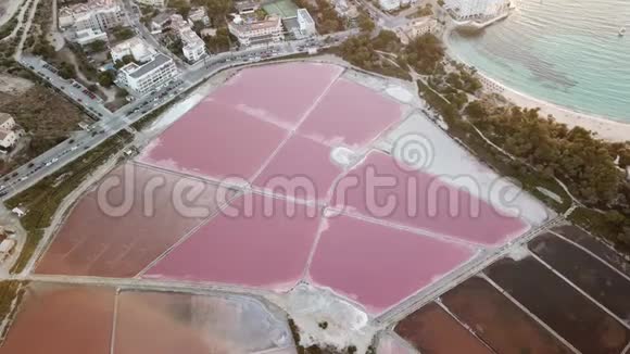 科洛尼亚圣乔迪马略卡西班牙令人惊叹的无人机空中景观粉红色盐滩和海滩埃斯坦尼斯视频的预览图