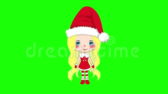 圣诞快乐与可爱的圣诞女孩问候庞普姆帽子和适合圣诞老人服装在绿色屏幕上视频的预览图