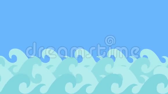 卡通海豚在蓝天上的海浪中跳跃视频的预览图