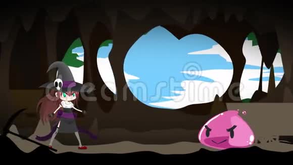 一个可爱的女巫魔法师战士在奇幻rpg游戏中向黏液怪物施放魔法雷咒的无缝动画卡通视频的预览图