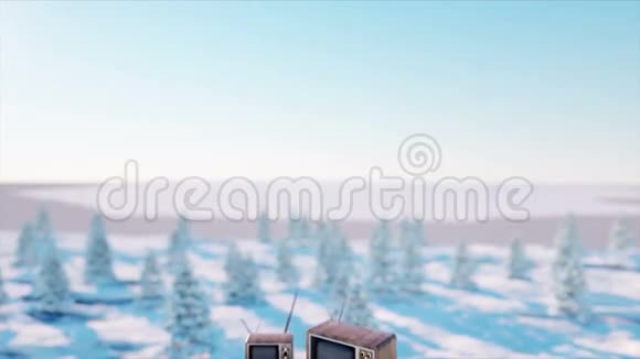 复古的堆冬天的古董电视雪景现实的4k动画视频的预览图