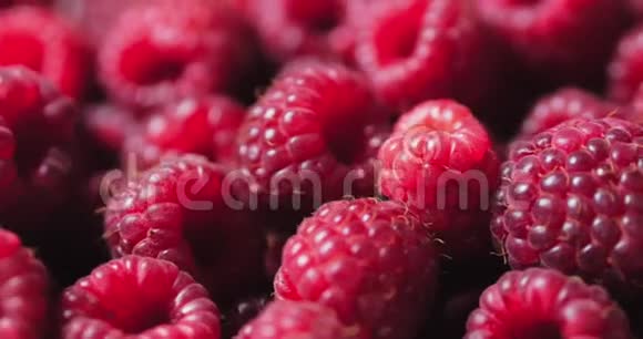 关闭贝瑞新鲜多汁的覆盆子背景成熟大红色覆盆子果实新鲜树莓水果作为食物视频的预览图