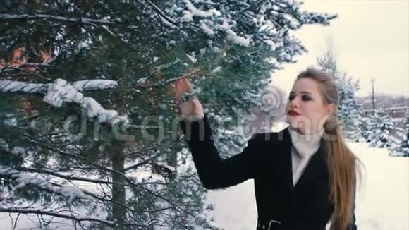 布鲁内特富婆穿着黑色外套在圣诞树的背景下慢动作视频的预览图