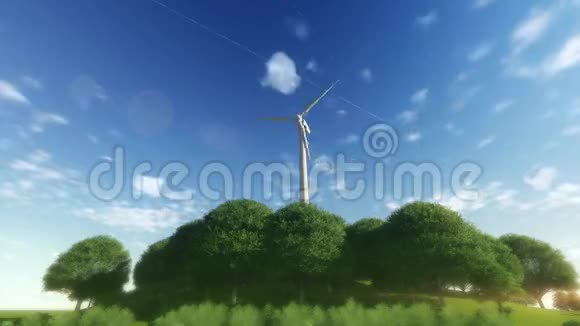 风车电站的叶片在绿山上旋转覆盖着树木视频的预览图