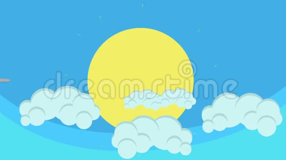 在蓝天和云彩中穿越太阳的卡通飞行飞机视频的预览图
