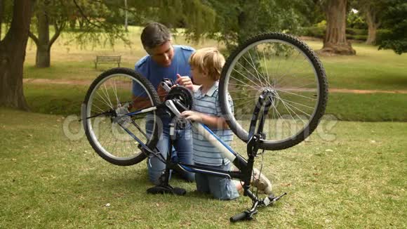 父亲和儿子在公园里修自行车视频的预览图