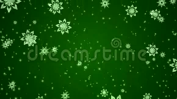 雪花和星星落在绿色背景上的视频动画视频的预览图