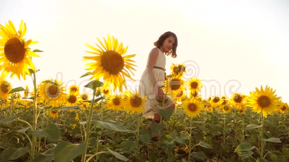 可爱的女孩在黄色的生活方式花园向日葵阳光在夏天美丽的日落小女孩向日葵视频的预览图