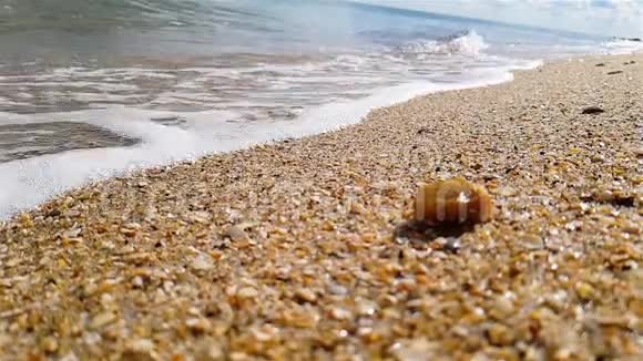 海浪在缓慢的运动中海浪在缓慢的运动中沿着海滩滚动美丽的海景视频的预览图
