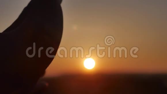 旅行男人看着太阳穿过她的手生活方式视频的预览图