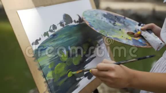 公园里的女画家用油画画了一个小池塘视频的预览图