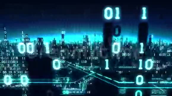 抽象未来数字城市的鸟瞰图一个与全球网络相连的二元阵列的高科技背景矩阵视频的预览图