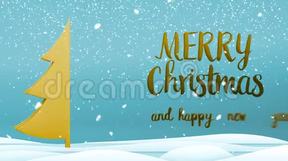 金色圣诞树圣诞快乐新年祝福语蓝色背景雪花优雅优雅视频的预览图