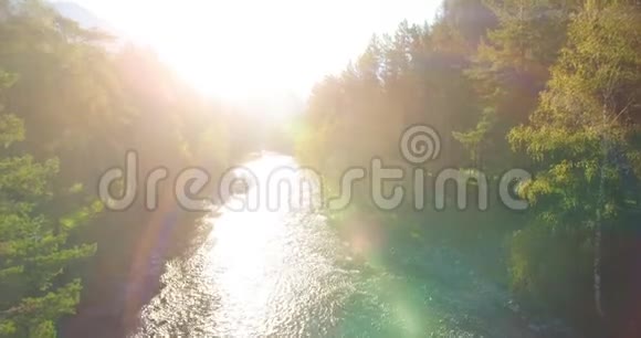 在阳光明媚的夏季早晨低空飞行在带岩石的新鲜快山河上视频的预览图