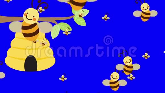 蜜蜂蜂巢和许多蜜蜂在蓝屏背景下飞翔视频的预览图