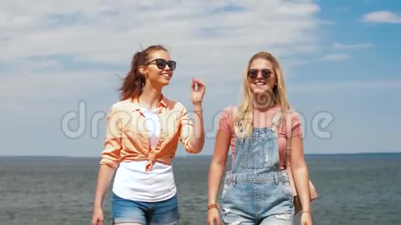 少女或朋友在海边散步视频的预览图