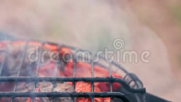 用保加利亚红甜椒在烤架上炸肉切块视频的预览图