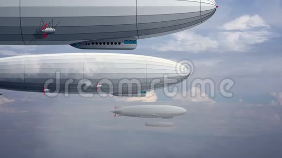 传说中巨大的齐柏林飞艇在天空与云定型化的飞行气球视频的预览图