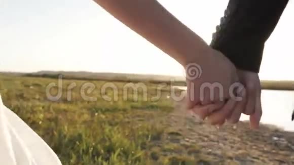 日落时分一对情侣在田野里牵手视频的预览图