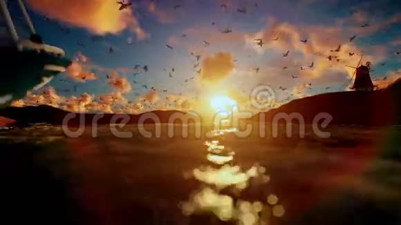 美丽的日出与渔船风车和海鸥飞行视频的预览图