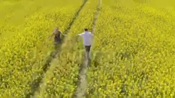 深情的男人和女人牵着手在油籽农场跑步视频的预览图