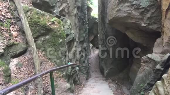 岩石和树木之间有石头楼梯的小径捷克波希米亚天堂视频的预览图