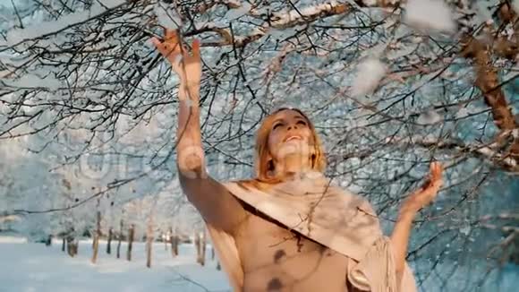 戴着温暖围巾的女人在冬天的风景视频的预览图