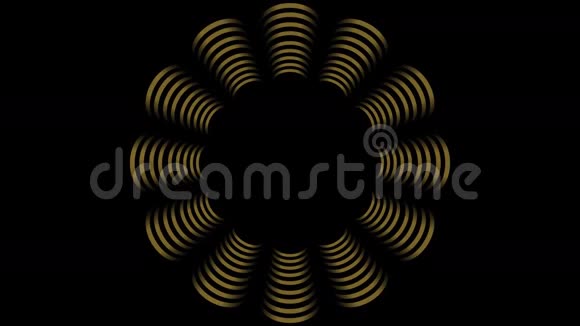 动画金色装饰与幻想的花朵形状在黑色的果木几何黄金元素旋转黄金梯度条视频的预览图