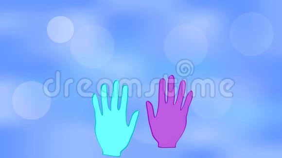 在蓝色背景上挥舞着彩虹色的手手掌上有白色的心具有和平主题的动画视频的预览图