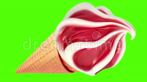 冰淇淋在绿色背景上慢慢旋转逼真的3D动画视频的预览图