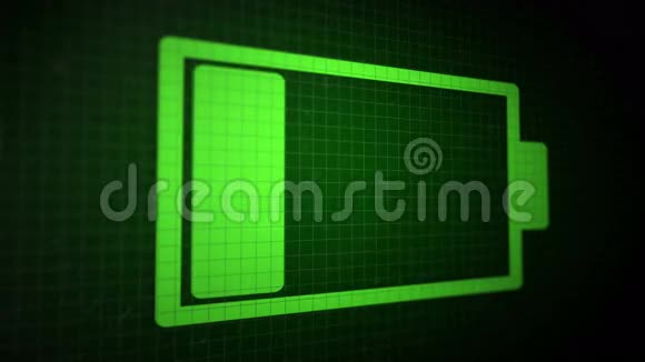 循环动画背景与充电电池图标酸绿色在黑色像素屏幕上无缝环4k视频的预览图
