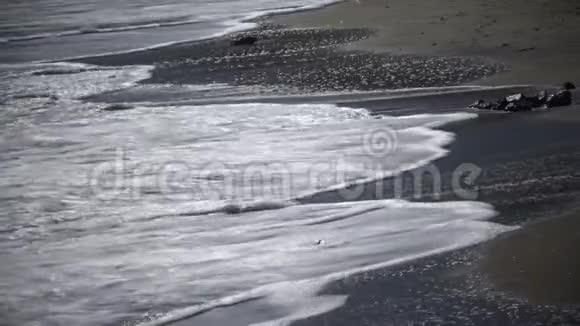 强烈的风暴在海上海浪和白色泡沫在沙滩上滚动视频的预览图