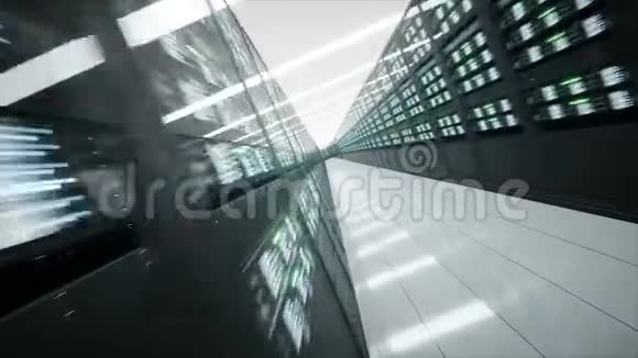 数据中心服务器机房的内部飞行摄像机现实的4k动画视频的预览图