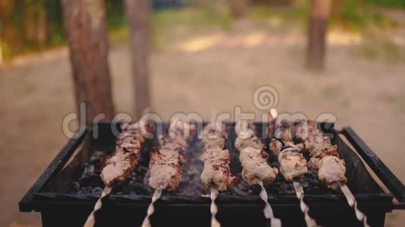 在金属扦子上煮生烤肉烤肉时烤熟的肉传统东方菜什什串烧烤炉视频的预览图