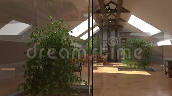现代室内生态家园绿色家园当代建筑空间动画与沙发和绿色植物视频的预览图