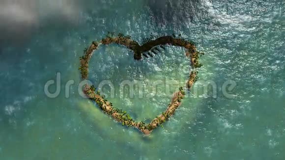 心脏形状的岛屿和飞机飞行旅行背景股票镜头视频的预览图