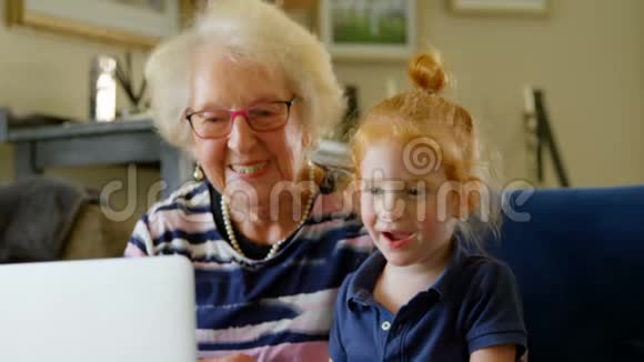 祖母和孙女在客厅里使用数码平板电脑视频的预览图