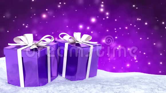 圣诞礼物在雪地上的波克紫色背景无缝环3D渲染视频的预览图