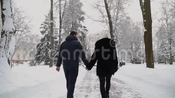 美丽的年轻夫妇牵着手在公园里散步视频的预览图
