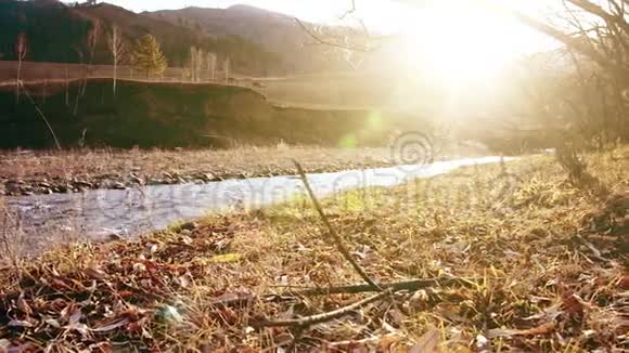 多利滑块拍摄了在森林附近的一条山河里飞溅的水潮湿的岩石和阳光水平稳定视频的预览图