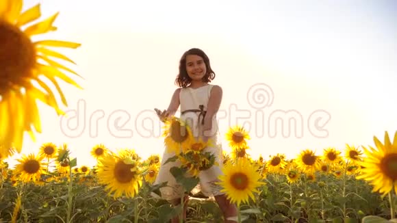 可爱的女孩在黄色的花园向日葵阳光在夏天美丽的日落小女孩生活方式向日葵视频的预览图