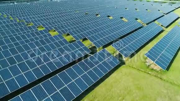 太阳能电池板的空中景观农场太阳能电池与阳光无人机飞越太阳能电池板领域可再生绿色视频的预览图