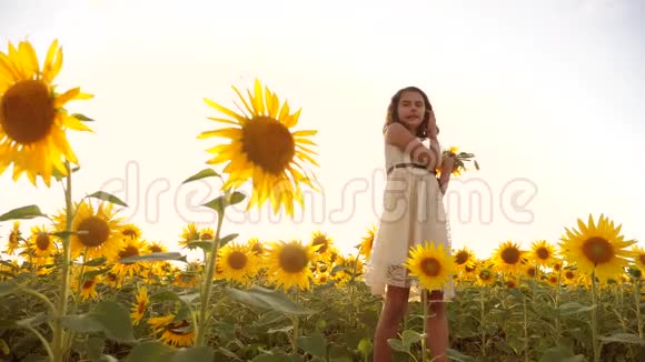 生活方式可爱的女孩在黄色花园向日葵阳光在夏天美丽的日落小女孩向日葵视频的预览图