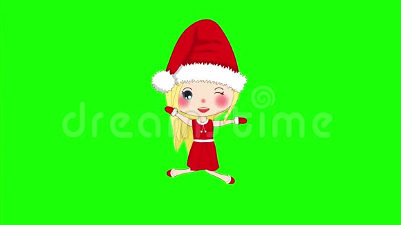 圣诞快乐与可爱的圣诞女孩跳跃庞普姆帽子和适合圣诞老人服装在绿色屏幕上视频的预览图