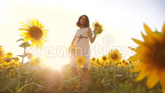 可爱的女孩在黄色的花园向日葵阳光在夏天美丽的日落生活方式小女孩向日葵视频的预览图