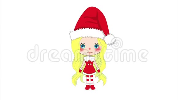 圣诞快乐与可爱的圣诞女孩问候庞普姆帽子和适合圣诞老人服装在白色屏幕上视频的预览图